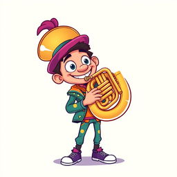 A full-length illustration of a man playing a tuba, inspired by the playful and colorful style of the game Incredibox