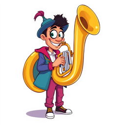 A full-length illustration of a man playing a tuba, inspired by the playful and colorful style of the game Incredibox