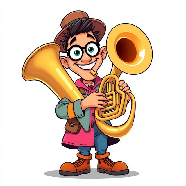 A full-length illustration of a man playing a tuba, inspired by the playful and colorful style of the game Incredibox