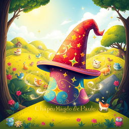 A whimsical illustration of 'O Chapéu Mágico de Pablo', showcasing a vibrant, colorful magic hat with sparkling stars and enchanting swirls around it