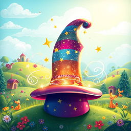 A whimsical illustration of 'O Chapéu Mágico de Pablo', showcasing a vibrant, colorful magic hat with sparkling stars and enchanting swirls around it