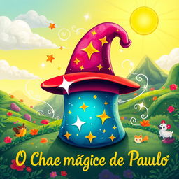A whimsical illustration of 'O Chapéu Mágico de Pablo', showcasing a vibrant, colorful magic hat with sparkling stars and enchanting swirls around it