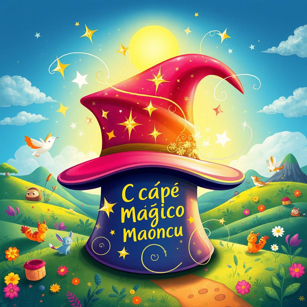A whimsical illustration of 'O Chapéu Mágico de Pablo', showcasing a vibrant, colorful magic hat with sparkling stars and enchanting swirls around it