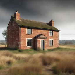 This is a high-quality digital art image featuring a derelict two-storey English brick cottage with shutters