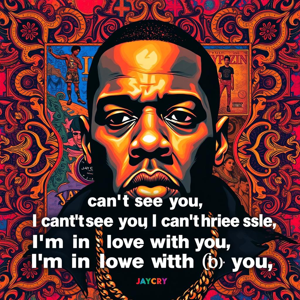 A vivid and artistic wallpaper inspired by Jay-Z's iconic album 'The Blueprint', prominently featuring Jay-Z's face along with the album cover artwork