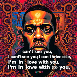 A vivid and artistic wallpaper inspired by Jay-Z's iconic album 'The Blueprint', prominently featuring Jay-Z's face along with the album cover artwork
