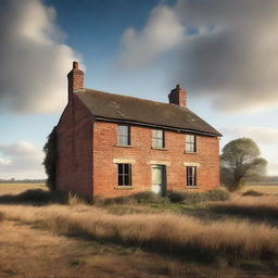 This is a high-quality digital art image showcasing a derelict two-storey English brick cottage with tatty shutters over the windows