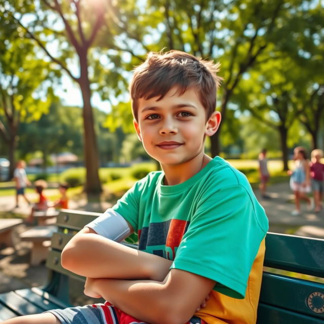 A boy with a broken arm, sitting on a park bench under a sunny sky