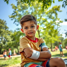 A boy with a broken arm, sitting on a park bench under a sunny sky