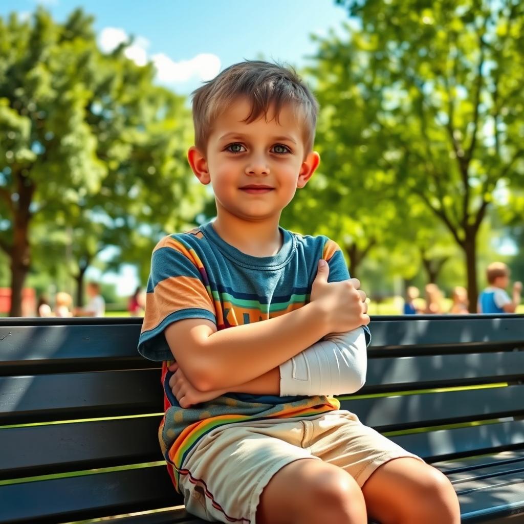 A boy with a broken arm, sitting on a park bench under a sunny sky