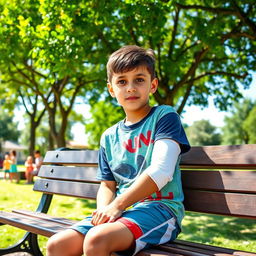 A boy with a broken arm, sitting on a park bench under a sunny sky
