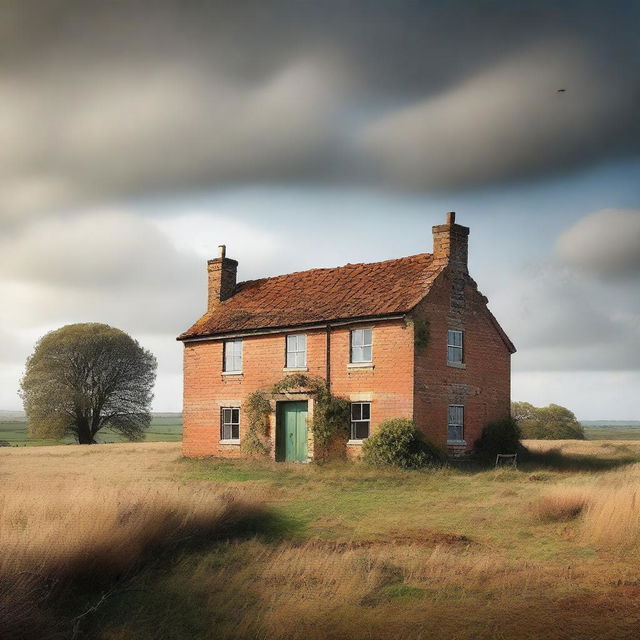 This is a high-quality digital art image showcasing a derelict two-storey English brick cottage with tatty shutters over the windows