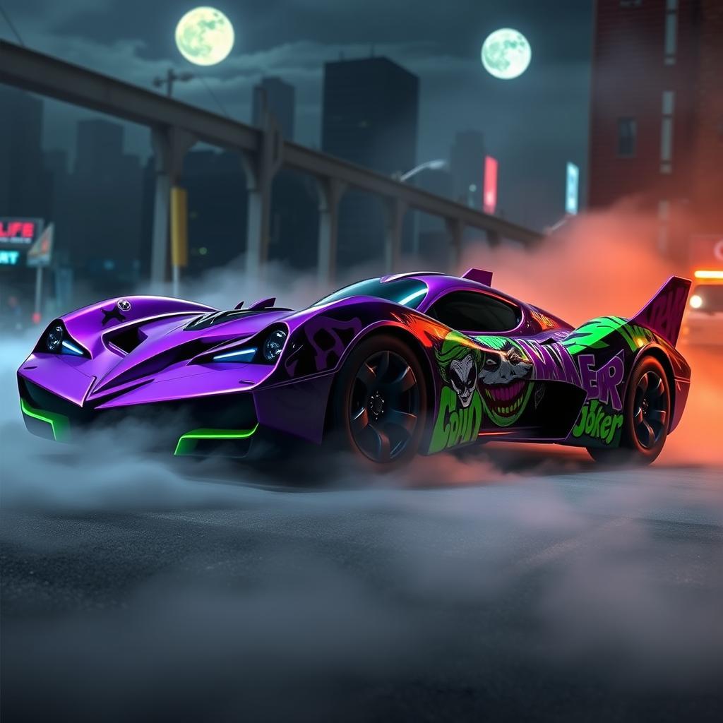 A sleek and stylized Batmobile designed with vibrant Joker motifs, featuring bold purple and green colors with graffiti-like patterns illustrating the Joker's iconic smile and stylized playing cards