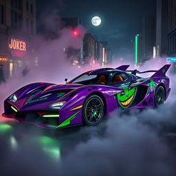 A sleek and stylized Batmobile designed with vibrant Joker motifs, featuring bold purple and green colors with graffiti-like patterns illustrating the Joker's iconic smile and stylized playing cards