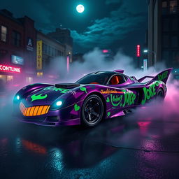 A sleek and stylized Batmobile designed with vibrant Joker motifs, featuring bold purple and green colors with graffiti-like patterns illustrating the Joker's iconic smile and stylized playing cards