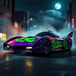 A sleek and stylized Batmobile designed with vibrant Joker motifs, featuring bold purple and green colors with graffiti-like patterns illustrating the Joker's iconic smile and stylized playing cards