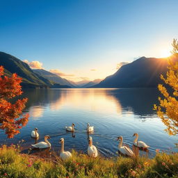 A picturesque landscape featuring a serene lake surrounded by lush green mountains under a clear blue sky