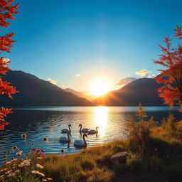 A picturesque landscape featuring a serene lake surrounded by lush green mountains under a clear blue sky