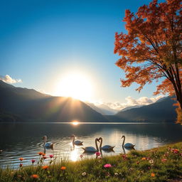 A picturesque landscape featuring a serene lake surrounded by lush green mountains under a clear blue sky