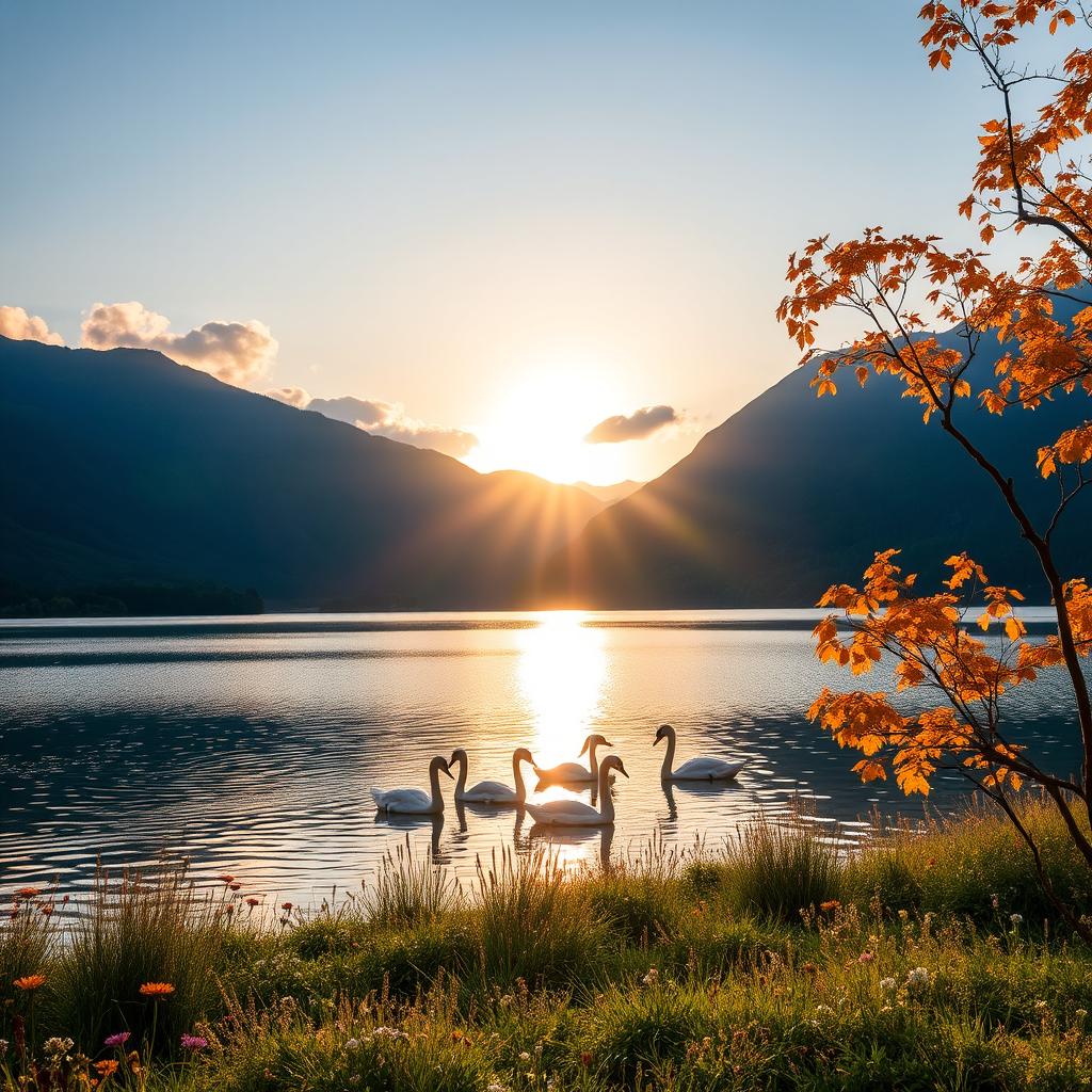 A picturesque landscape featuring a serene lake surrounded by lush green mountains under a clear blue sky