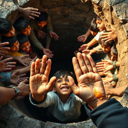 In a dramatic scene, a boy named Gobin is trapped at the bottom of a deep, dark well, looking up with a worried expression