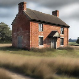 This is a high-quality digital art image showcasing a derelict two-storey English brick cottage with tatty shutters over the windows