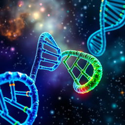 A stunning and intricate representation of a DNA double helix, showcasing vibrant colors like electric blue and bright green, emphasizing the spiral structure and base pairs