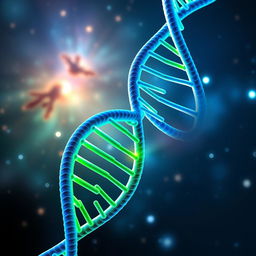 A stunning and intricate representation of a DNA double helix, showcasing vibrant colors like electric blue and bright green, emphasizing the spiral structure and base pairs