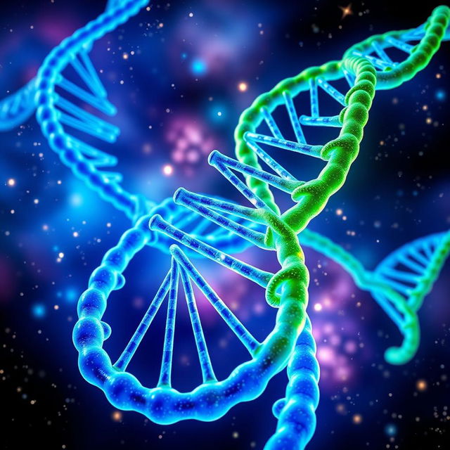 A stunning and intricate representation of a DNA double helix, showcasing vibrant colors like electric blue and bright green, emphasizing the spiral structure and base pairs