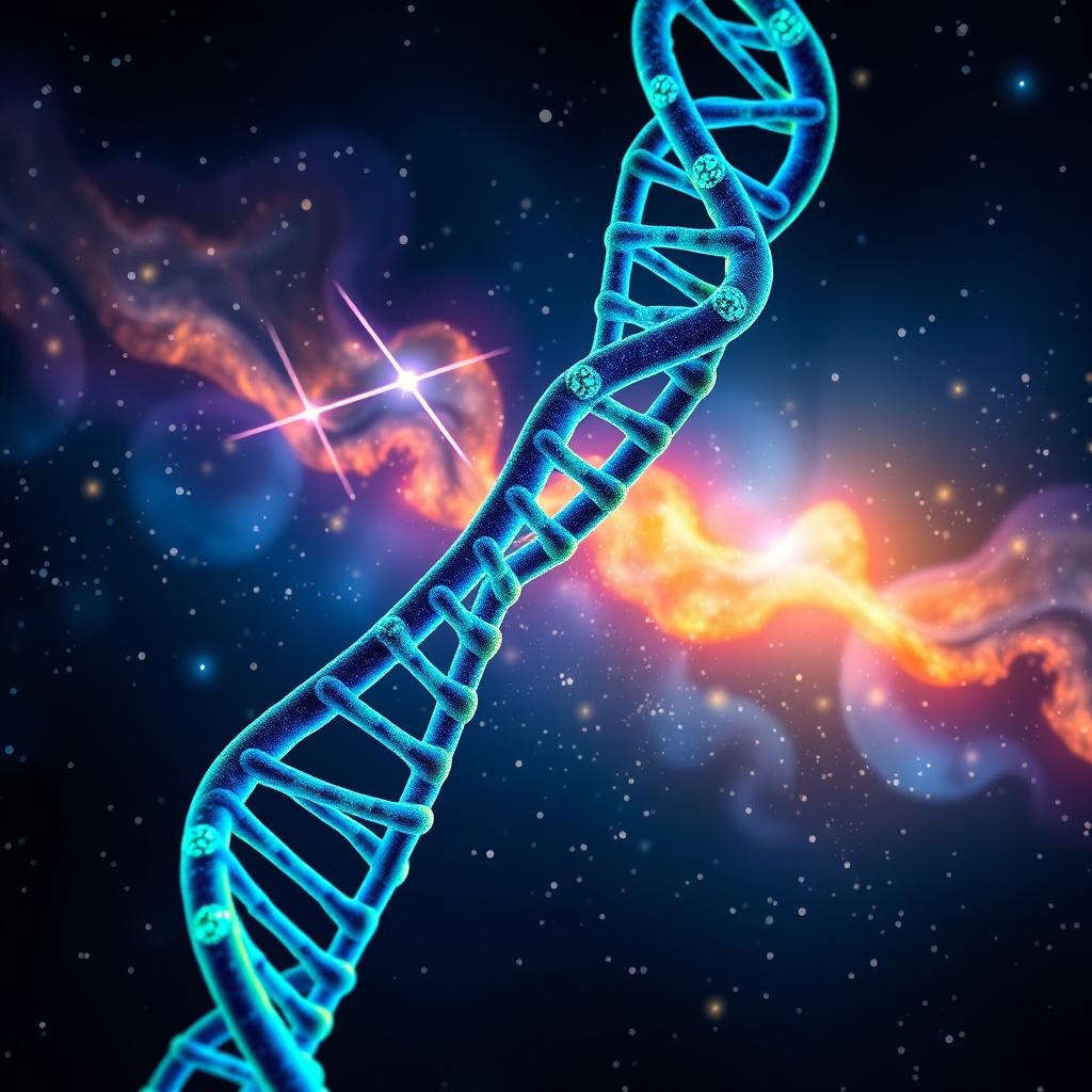 A stunning and intricate representation of a DNA double helix, showcasing vibrant colors like electric blue and bright green, emphasizing the spiral structure and base pairs