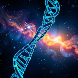 A stunning and intricate representation of a DNA double helix, showcasing vibrant colors like electric blue and bright green, emphasizing the spiral structure and base pairs