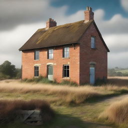 This is a high-quality digital art image showcasing a derelict two-storey English brick cottage with tatty shutters over the windows