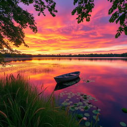A serene landscape at sunset featuring a calm lake reflecting vibrant hues of orange, pink, and purple in the sky
