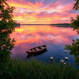 A serene landscape at sunset featuring a calm lake reflecting vibrant hues of orange, pink, and purple in the sky
