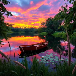 A serene landscape at sunset featuring a calm lake reflecting vibrant hues of orange, pink, and purple in the sky