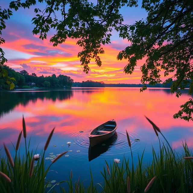 A serene landscape at sunset featuring a calm lake reflecting vibrant hues of orange, pink, and purple in the sky