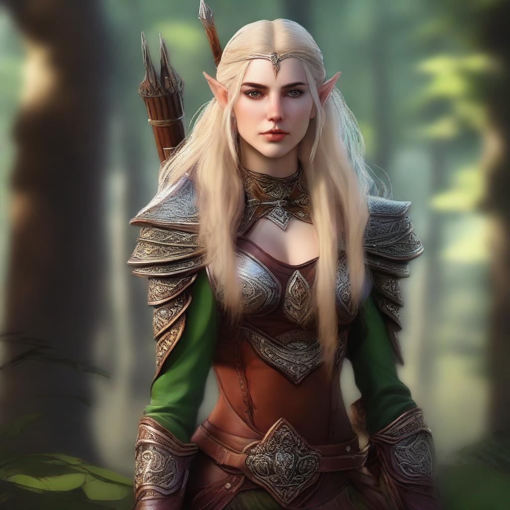 A digital art image of a female wood elf ranger