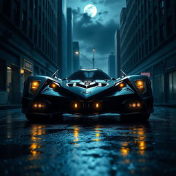 An impressive and sleek Batmobile parked in a dark city alley at night
