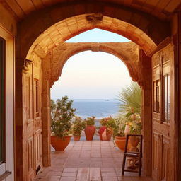 A picturesque veranda situated between two rooms, each with unique architectural characteristics and decorations.