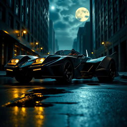 An impressive and sleek Batmobile parked in a dark city alley at night