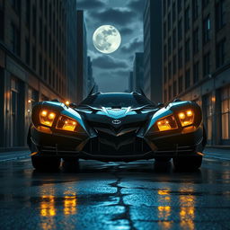 An impressive and sleek Batmobile parked in a dark city alley at night