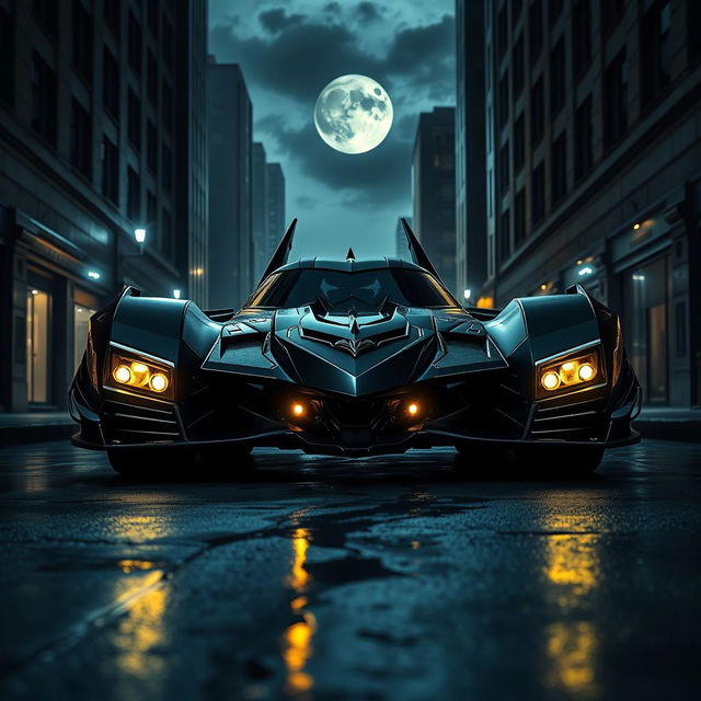 An impressive and sleek Batmobile parked in a dark city alley at night