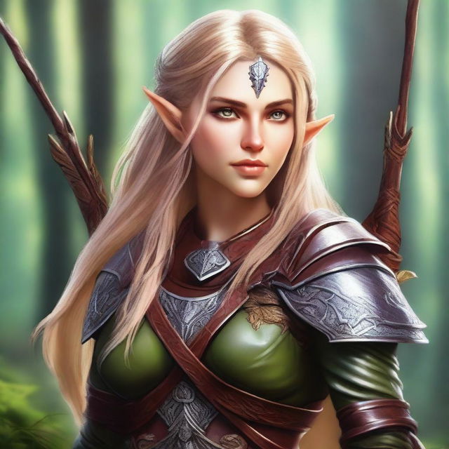 A digital art image of a female wood elf ranger