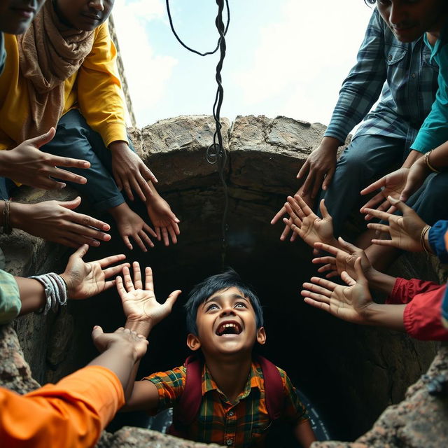 In an emotional scene, a boy named Gobin is at the bottom of a deep, dark well, his expression a mix of fear and hope