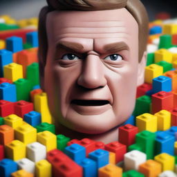 A hyper-realistic digital art piece capturing a man looking angrily at a pile of Lego blocks