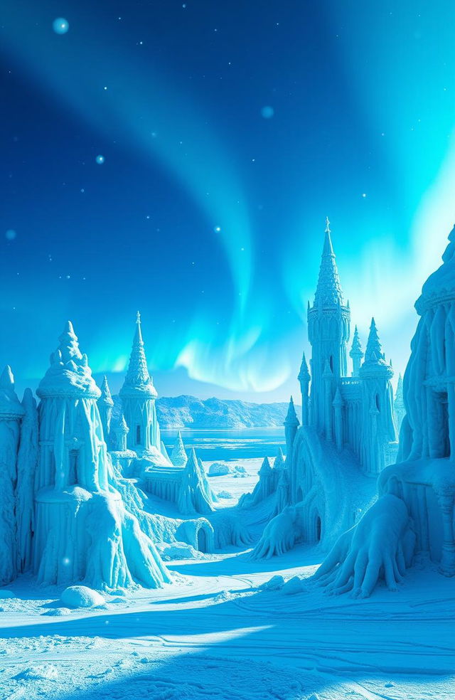 A breathtaking fantasy ice kingdom featuring majestic ice castles adorned with intricate frost patterns, glistening under a radiant blue sky