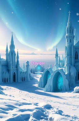 A breathtaking fantasy ice kingdom featuring majestic ice castles adorned with intricate frost patterns, glistening under a radiant blue sky