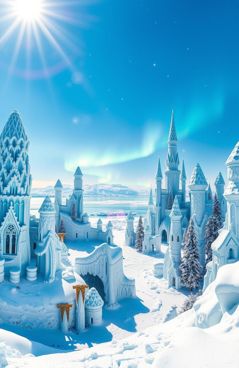 A breathtaking fantasy ice kingdom featuring majestic ice castles adorned with intricate frost patterns, glistening under a radiant blue sky