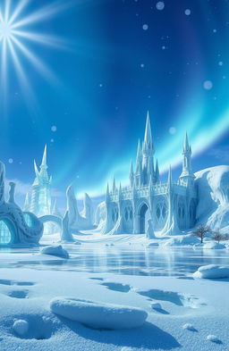 A breathtaking fantasy ice kingdom featuring majestic ice castles adorned with intricate frost patterns, glistening under a radiant blue sky