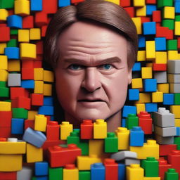 A hyper-realistic digital art piece capturing a man looking angrily at a pile of Lego blocks